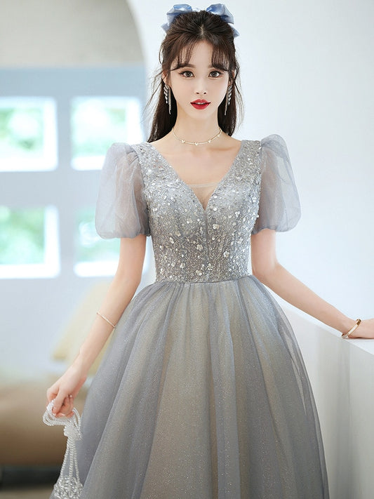 Evening wear Dresses: Formal Evening Prom Dress Gorgeous V Neck Puff Sleeve