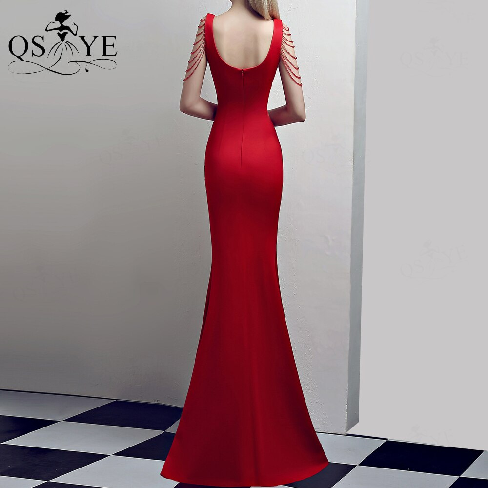 Homecoming Dresses: Red Long Prom Dress Stretch Beading Straps Evening Dress