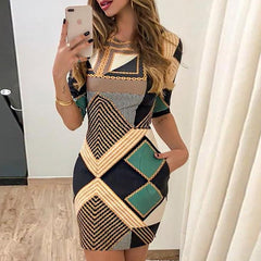 casual ladies dress print pattern short-sleeved slim round neck dress