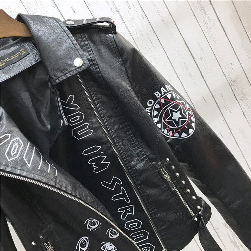 Spring  Women Faux Leather Jacket Turn-Down Collar Letter