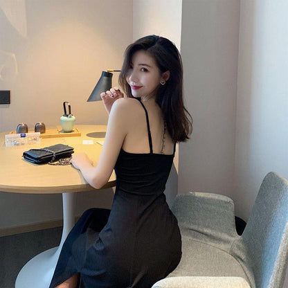 Solid Black Dress with Suspender Sexy Gentle V-Neck Retro Long Dresses with Side Slit Beach Party Clothes