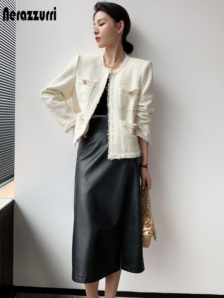 Midi skirts below knee Yellow black soft leather skirt women zipper