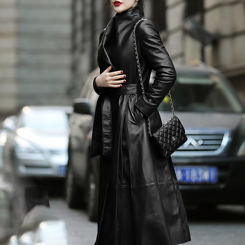 Autumn Long Brown Black Soft Faux Leather Trench Coat for Women