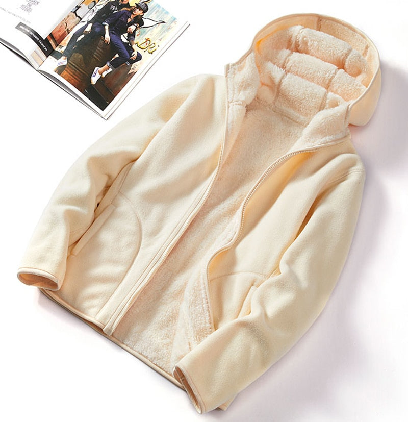 Unisex Reversible Hoodie Women Pullover Sweatshirts Winter Warm Polar/Coral Coats