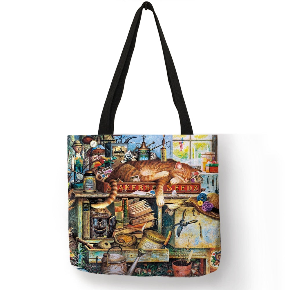 Customize Oil Painting Cat Print Womens Designer Tote Bags Linen