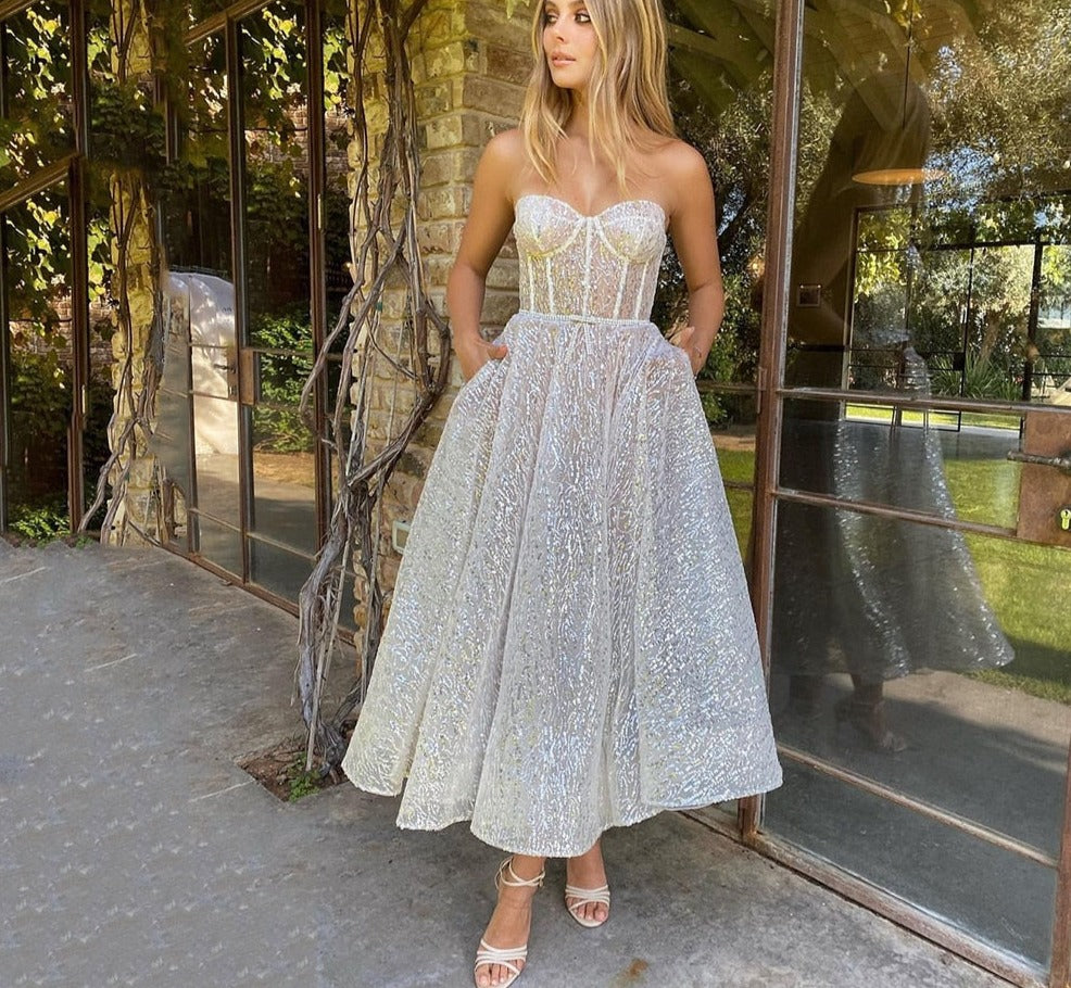 Evening wear Dresses: Prom Dresses with Pockets Sweetheart Boning Midi