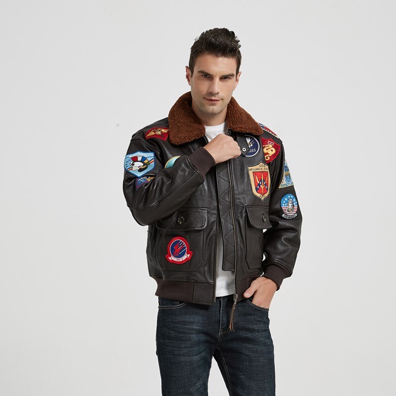 Dark Brown TOP GUN Pilot Leather Jacket Men Wool Collar Genuine Thick