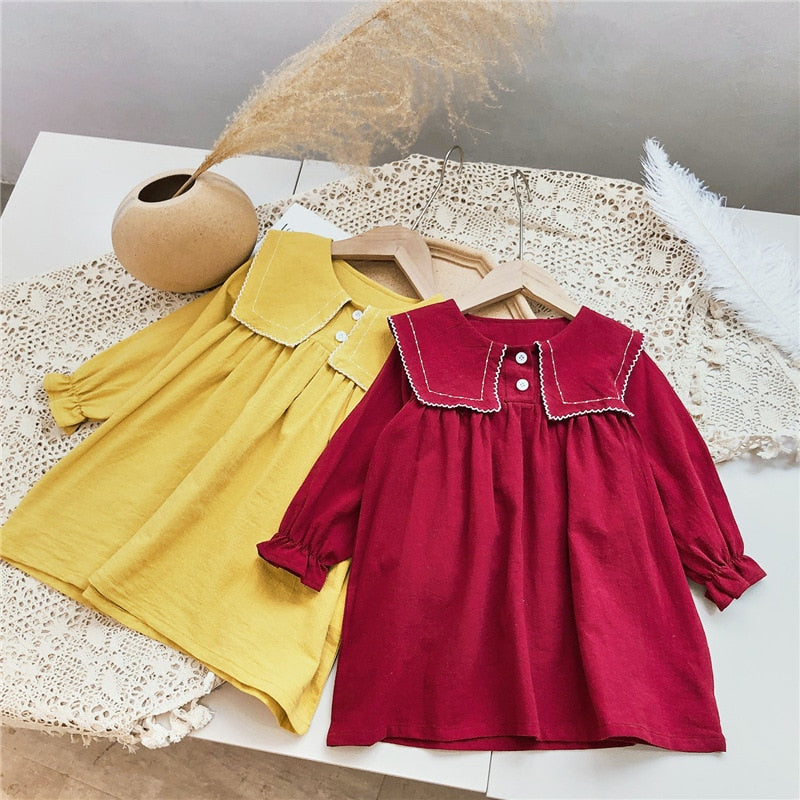 Girls Dress Autumn Big Lapel Sweet Long-Sleeved Dress Children Baby Kids