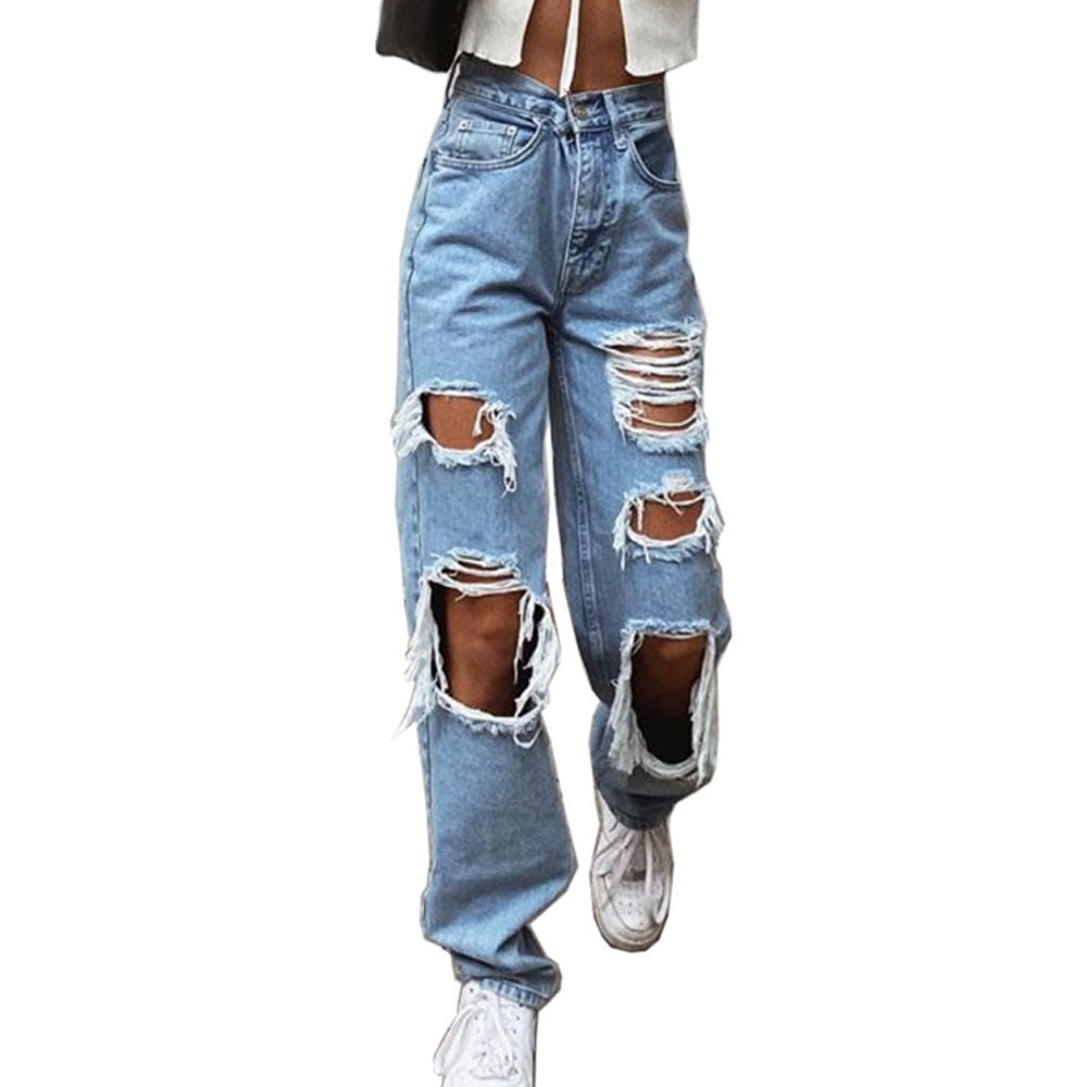 Womens Ripped Loose Fit Jeans Wide Leg For Women High Waist Blue Wash