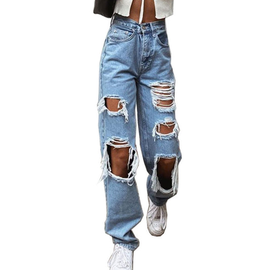 Womens Ripped Loose Fit Jeans Wide Leg For Women High Waist Blue Wash