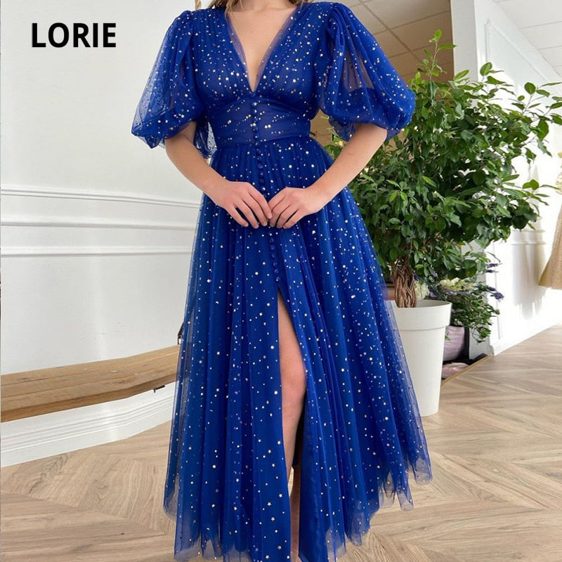 Homecoming Dresses: Royal Blue Prom Dresses V-Neck Cap Sleeve Stary Short Sleeves