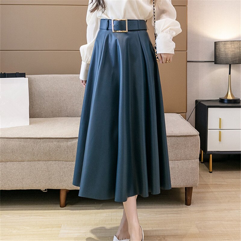 REALEFT Autumn Winter PU Leather mi-long Women Skirts