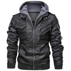 Men's Autumn Winter Motorcycle Leather Jacket Windbreaker Hooded  Jackets