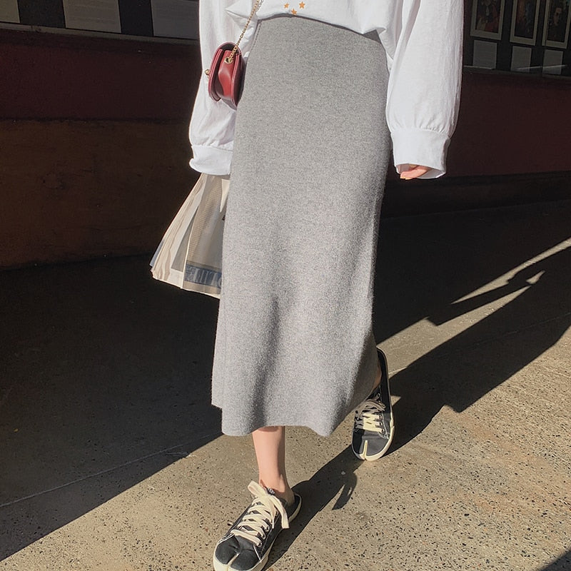High Elastic Waist Women Long Skirt Knitted Pencil Skirt Wool Autumn Split Skirts