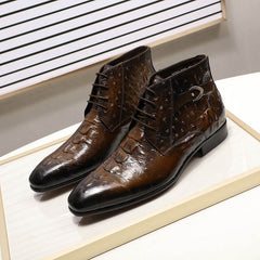 Street Style Genuine Leather Mens Ankle Boots Alligator Print Lace Up Buckle Black