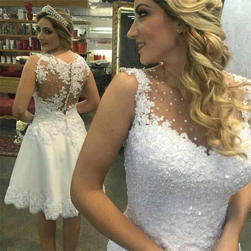 Vintage White Lace Appliques Short Wedding Dresses Sheer Back Buttons