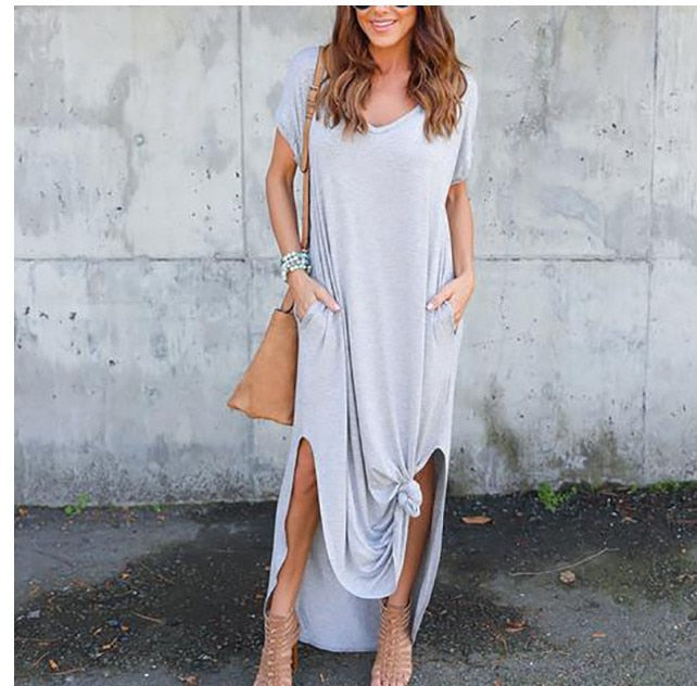 Plus Size 5XL Sexy Women Dress Summer Solid Casual Short Sleeve Maxi Dress For Women Long Dress