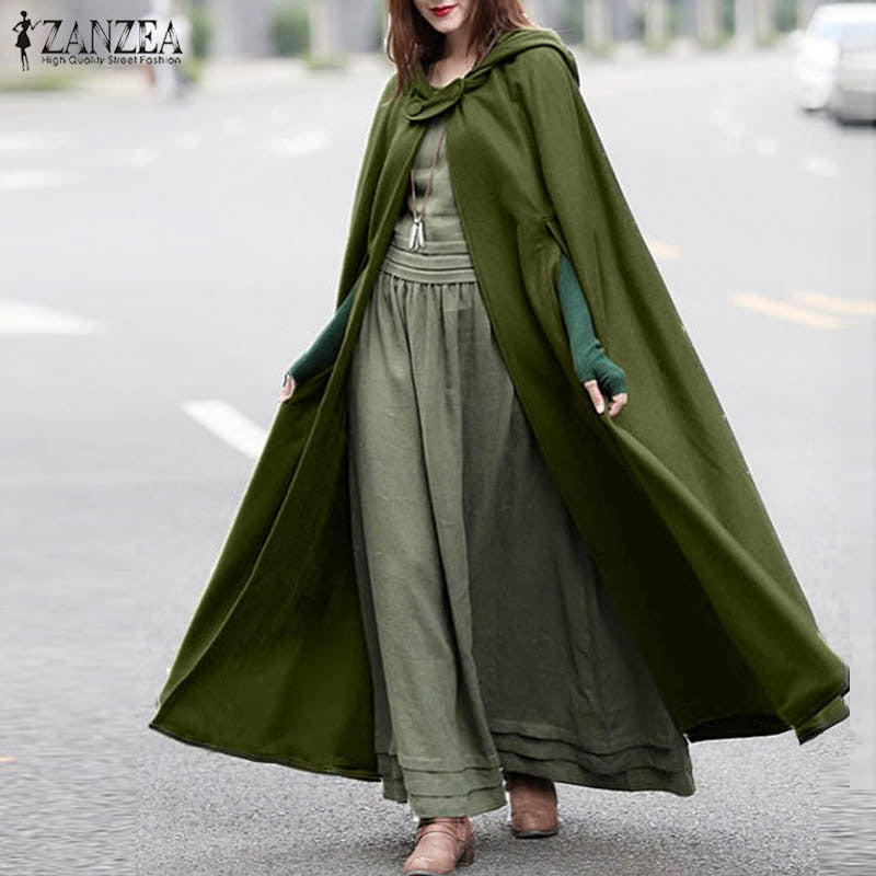 Women Autumn Winter Hoodies Long Cape Cloak Casual Hooded Coat