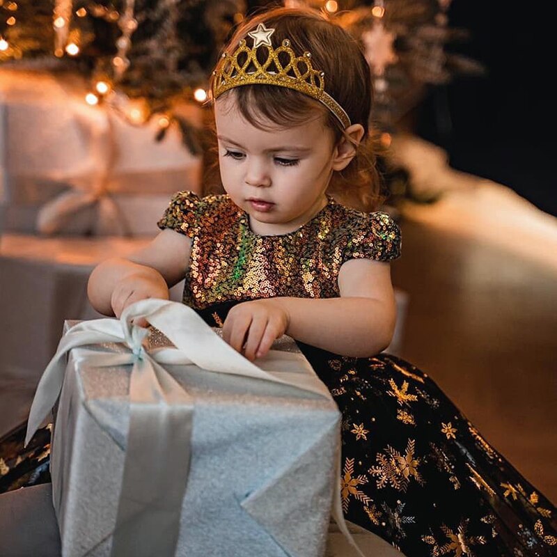 Fancy Girls Golden Sequin Tutu Dress Kids Snowflake Dresses Princess Costume