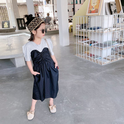 Summer Girls Dress Fashion Color Matching Pleated A-Line Dress Korean