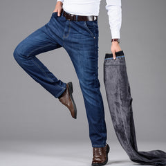 Classic Style Winter Men's Warm Business Jeans Fashion Casual Denim