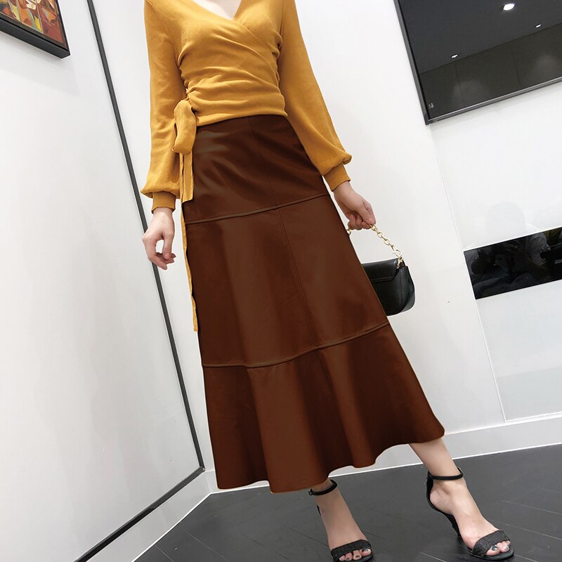 Maxi Skirt Women Female Harajuku Chic Genuine Leather 80cm Long Fishtail Jupe