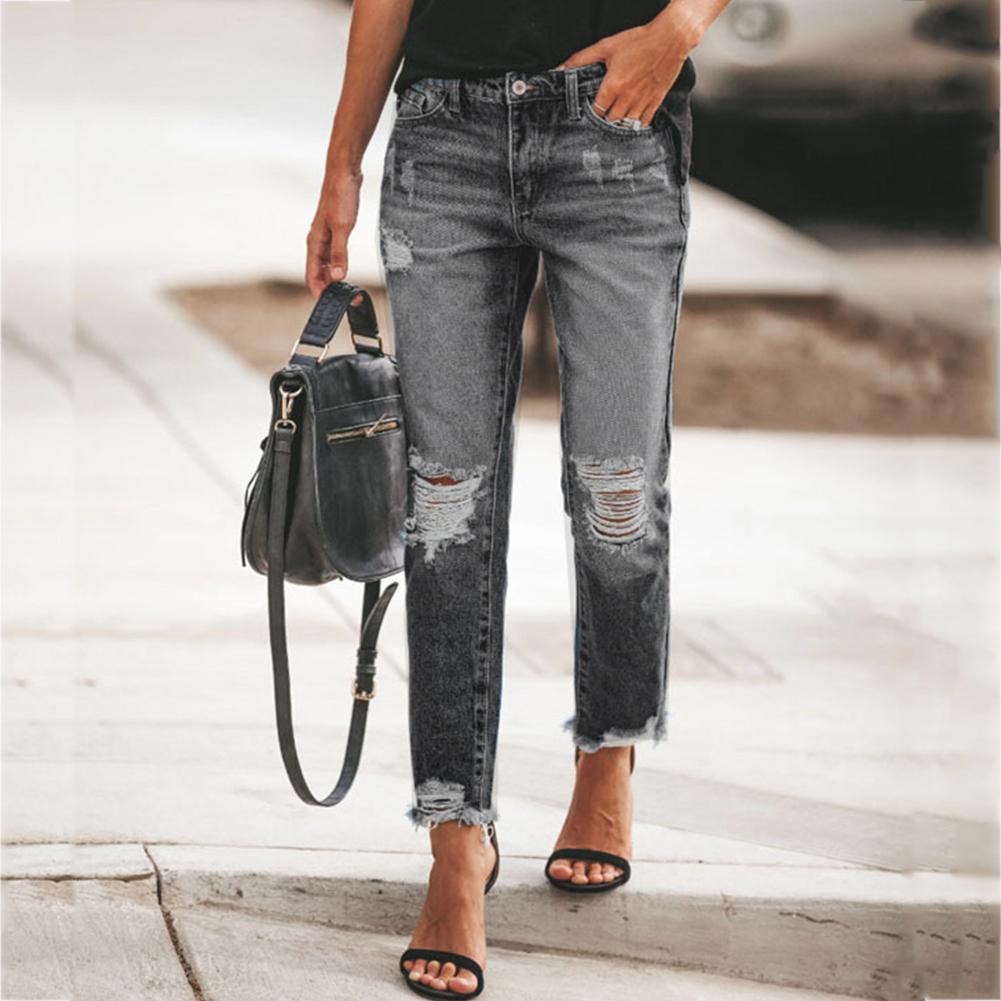 Women High Waist Jeans Ripped Holes Tassels Slimming Trousers Streetwear