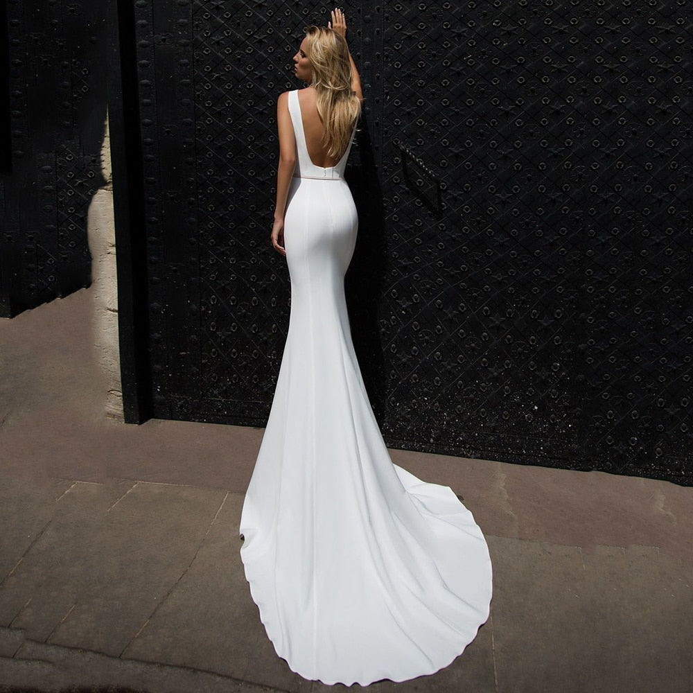 Wedding Dresses White Satin Square Neck Belt Bridal Gown