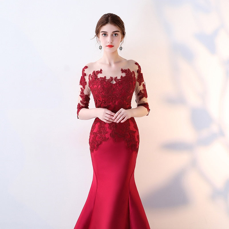 Homecoming Dresses: Red Mermaid Evening Dress Half Sleeve Appliques Elegant