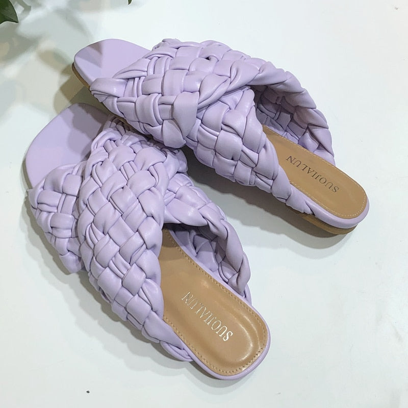 Summer Women Slipper Brand Weave Ladies Sandal Shoes Low Open