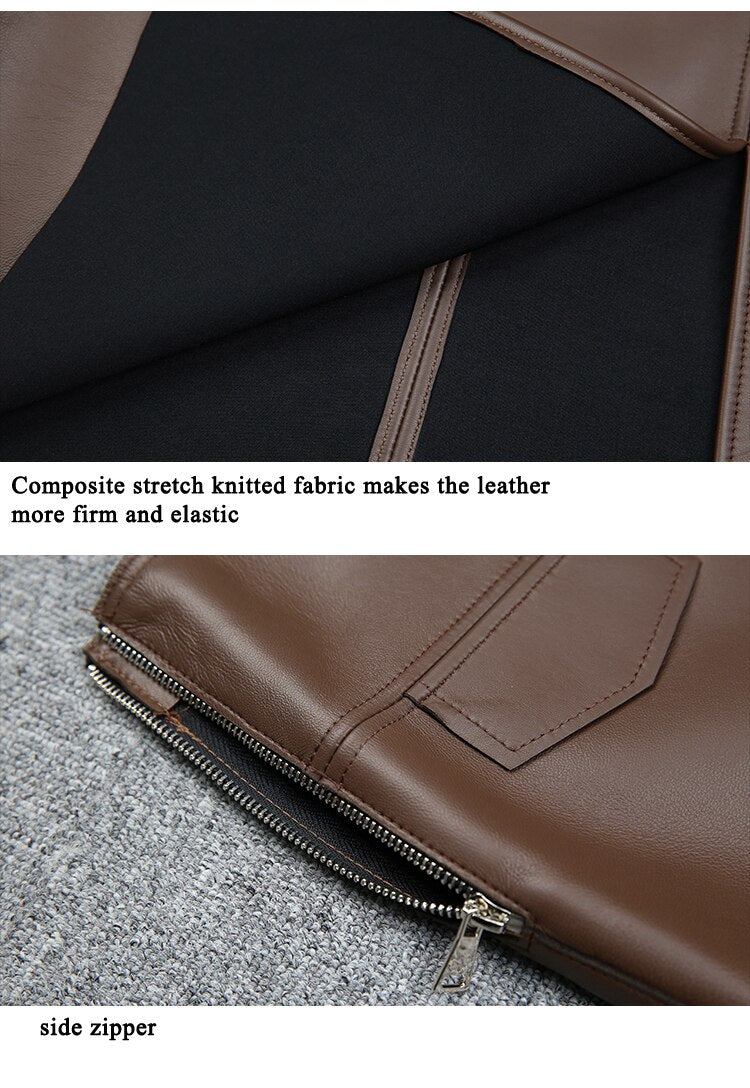 Skirt With Slit Women Elegant Genuine Leather High Waist OL Knee Long Split Jupe