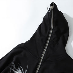 Punk Graphic Print Zipper Ribbon Hooded Hoodie Men Casual Black