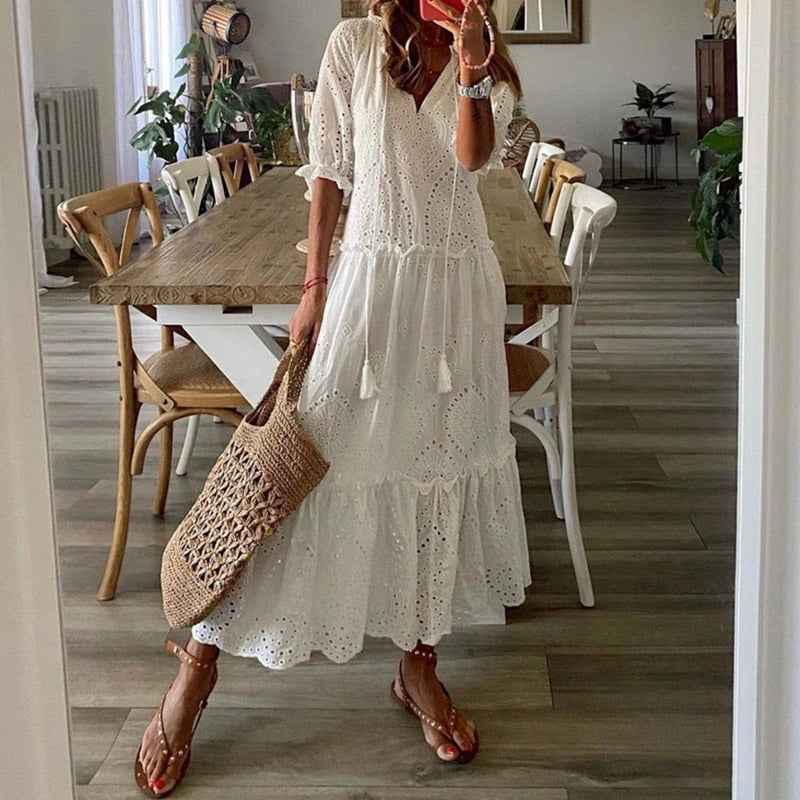 Women Elegant V-Neck Summer Dresses Casual Short Sleeve Dresses