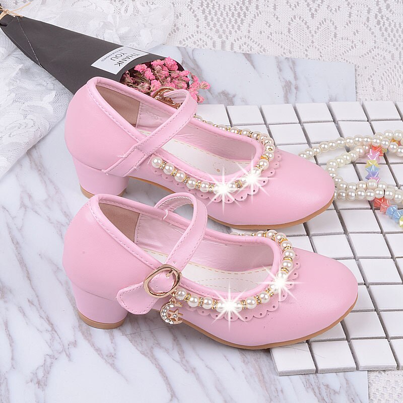 Princess Kids Leather Shoes for Girls High Heels Beaded Children