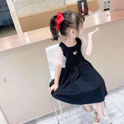 Summer Girls Dress Net Yarn Stitching Puff Sleeve Splicing Love Sweet Princess