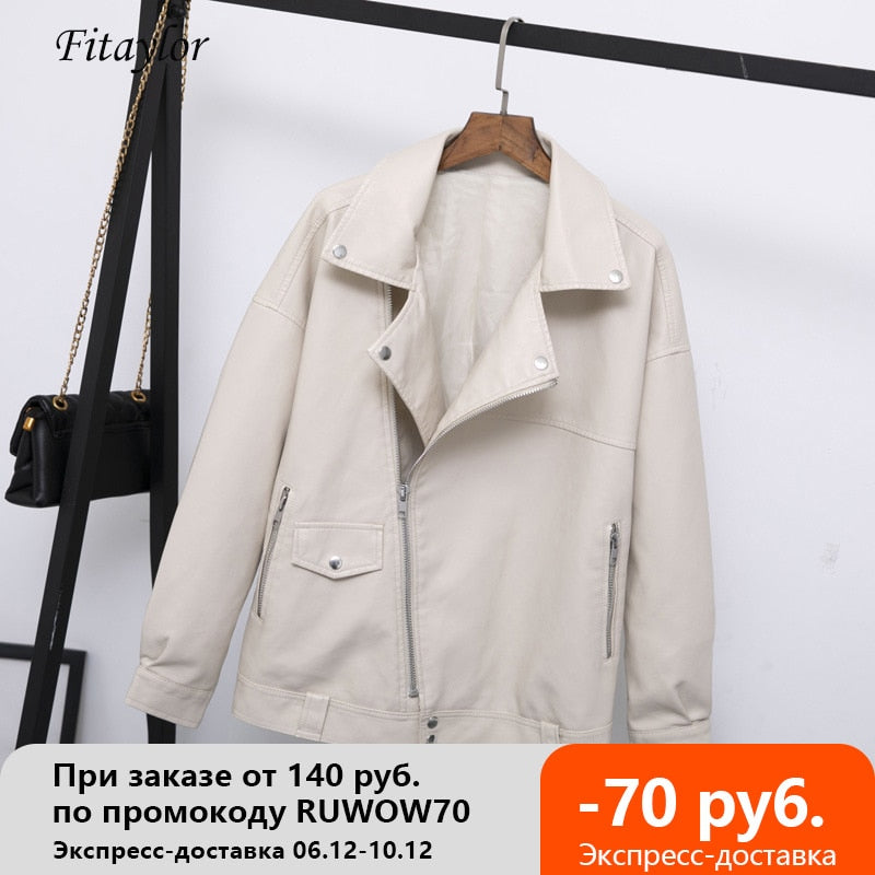 Fitaylor Autumn Women Faux Leather Jacket Casual Loose Soft Pu