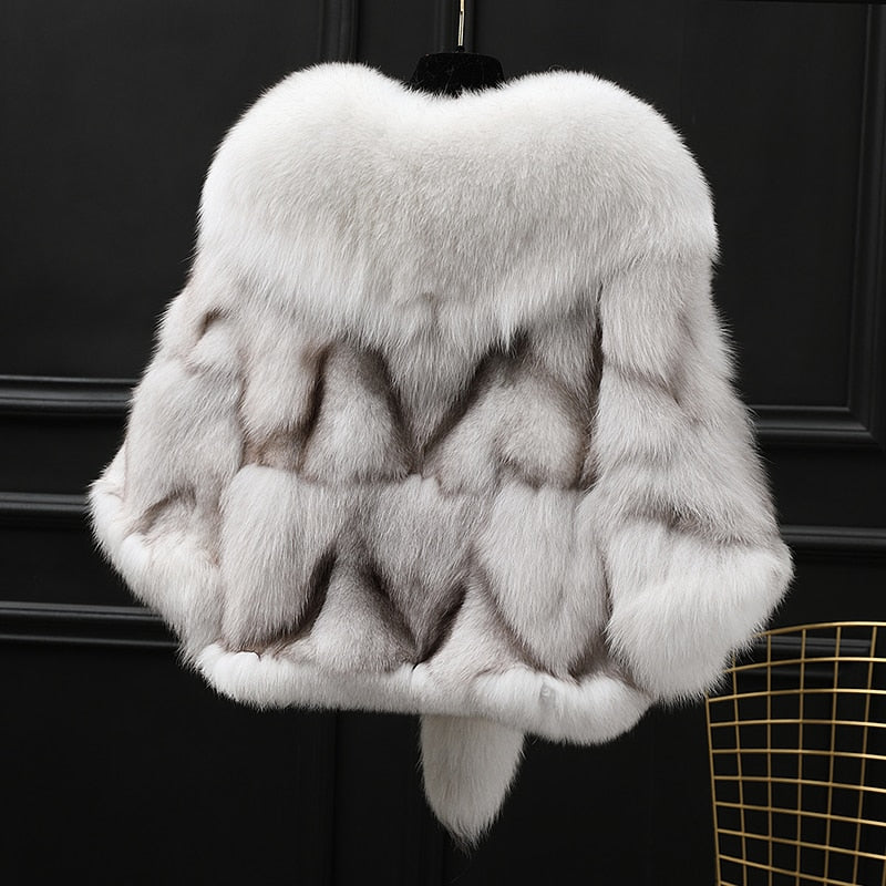 Winter Cloak Warm  Women Cardigan big real Fox Fur Collar Cape Fashion Solid