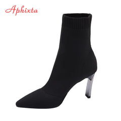 Metal Blade Heels Socks Boots Women Stretch Fabric Elastic Stilettos Heel