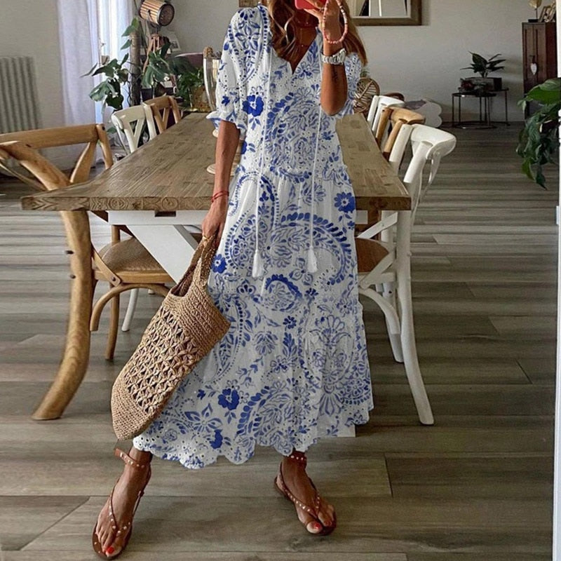 Women Elegant V-Neck Summer Dresses Casual Short Sleeve Dresses