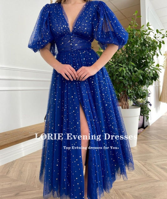 Homecoming Dresses: Royal Blue Prom Dresses V-Neck Cap Sleeve Stary Short Sleeves
