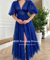 Royal Blue Prom Dresses V-Neck Cap Sleeve Stary Short Sleeves