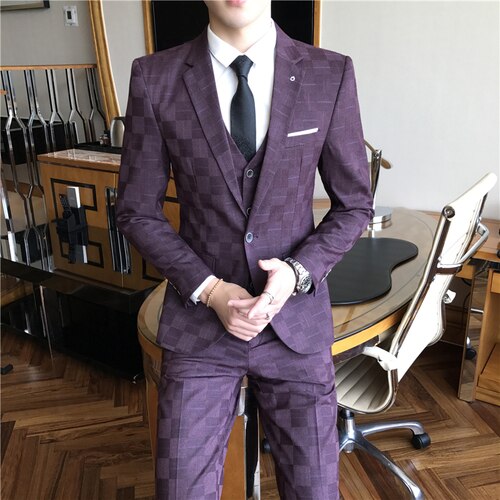 Jacket Pants Vest Men 3 Pieces Slim Casual Suit Trousers Set Male Wedding