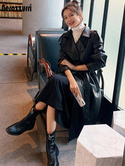 Spring Black Oversized Long Waterproof Leather Trench Coat