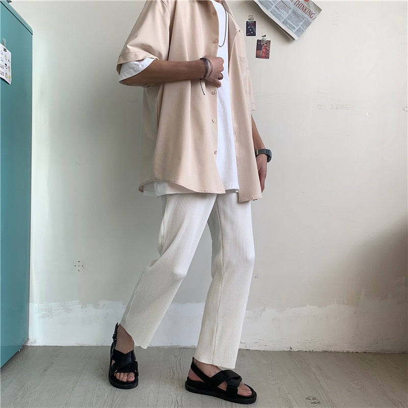 Pleated Straight Pants Men Fashion Elastic Waist Casual Pants Men