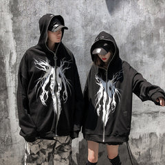 Punk Graphic Print Zipper Ribbon Hooded Hoodie Men Casual Black