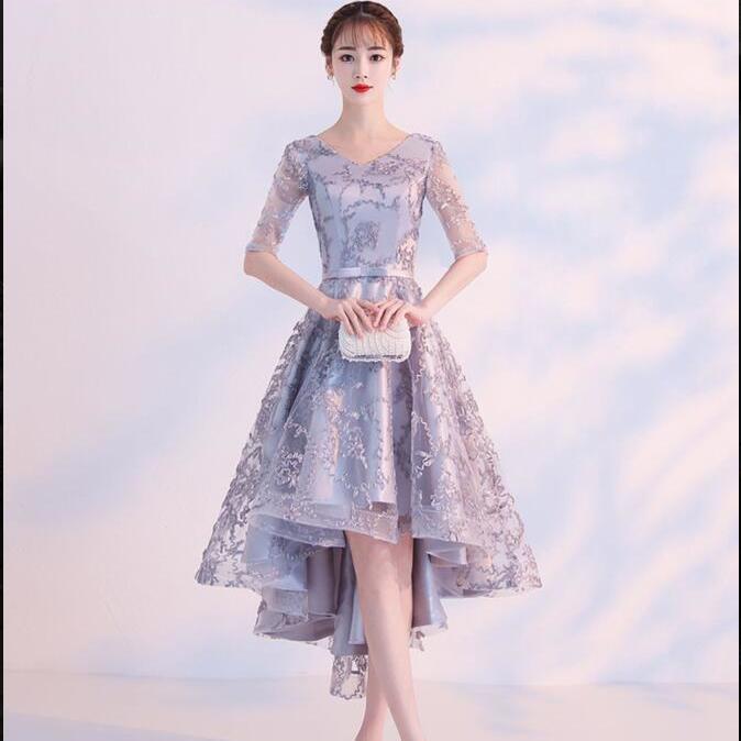 Homecoming Dresses: Navy Blue Silver Gray Champagne High Low Prom Dresses