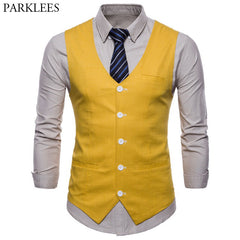 Casual Cotton Linen Mens Suit Vest Slim Fit Single Breasted Sleeveless Waistcoat