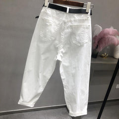 Spring Autumn Korea Fashion Women White Jeans High Waist Vintage Hole