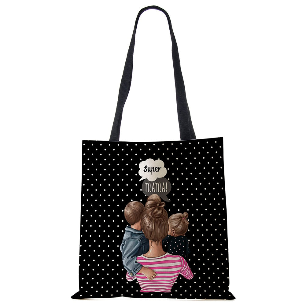Cute Cartoon Super Mama Print Linen Tote Bag Reusable Shoulder Bags Mom