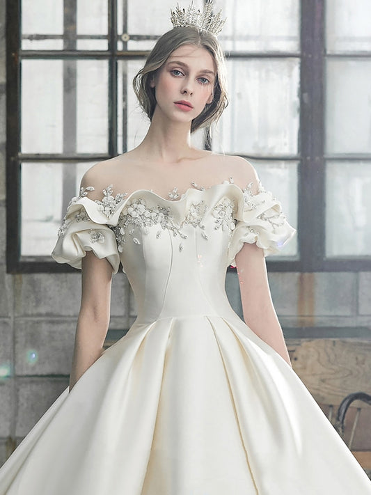White Bridesmaid Dresses: Off The Shoulder Flower Satin Wedding Dress